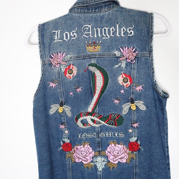 PacSun Embroidered Denim Vest Jacket Size Small Los Angeles Lost Girls Snake Bee - Picture 7 of 8